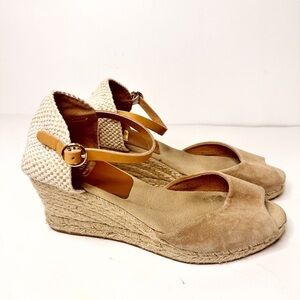 Kanna Evita Wedge Espadrille Sandal Beige Taupe Open Toe Leather Size 9.5